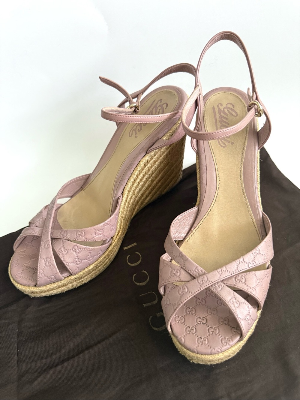 Gucci Blush Pink Guccissima Leather Wedge Espadrille Sandals